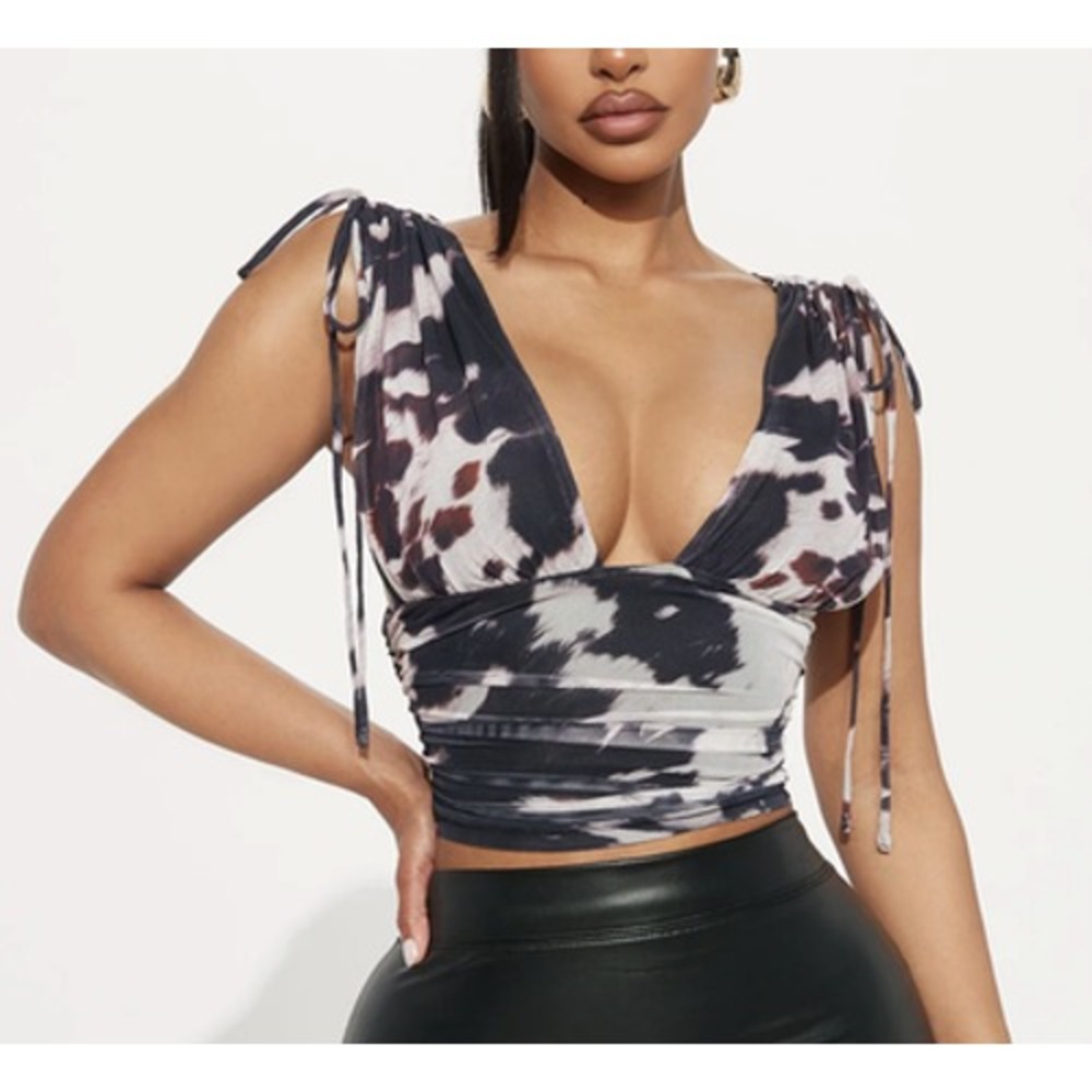 Fashion Nova Viserra Ruched Mesh Tank Womens XL Animal Print Cropped Black